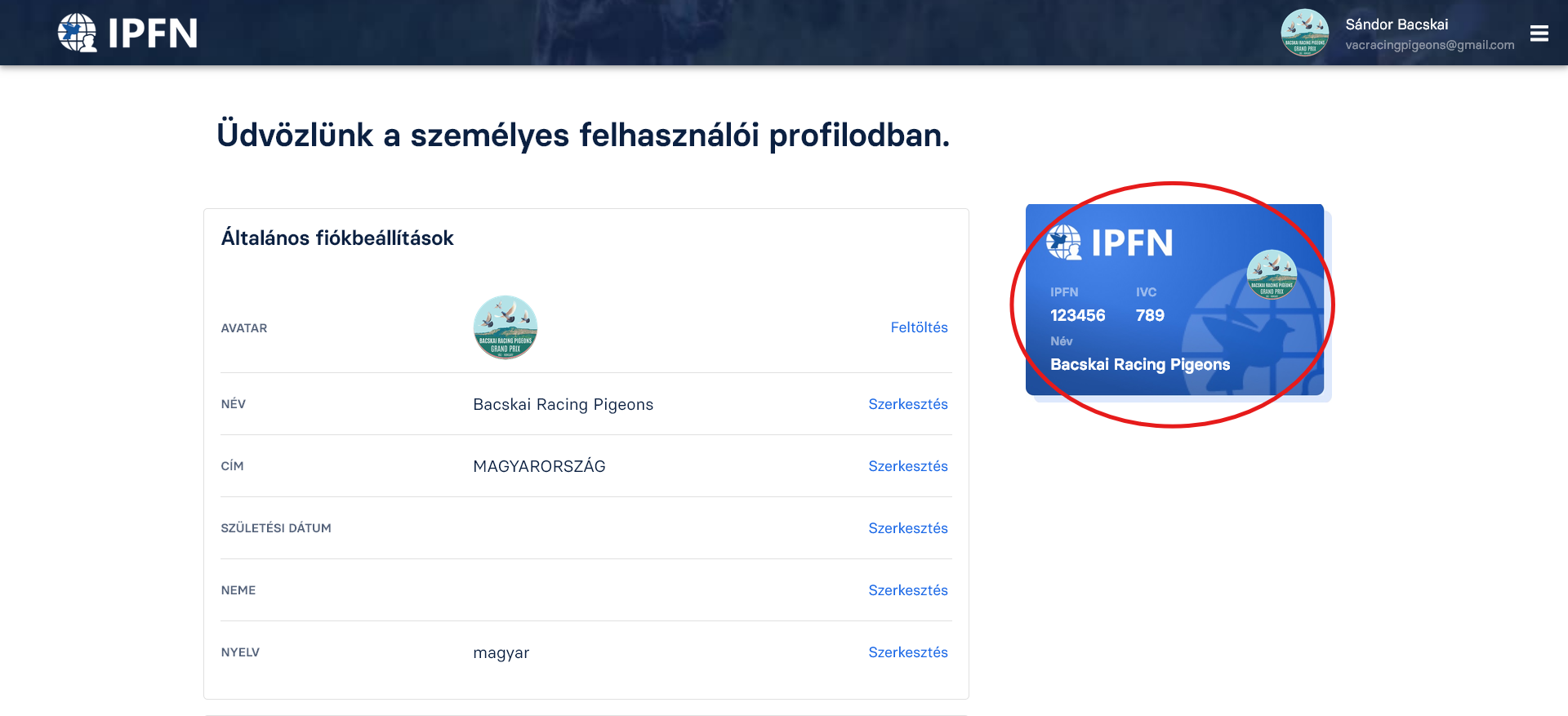 IPFN és IVC szám a Benzing Live profil oldalán